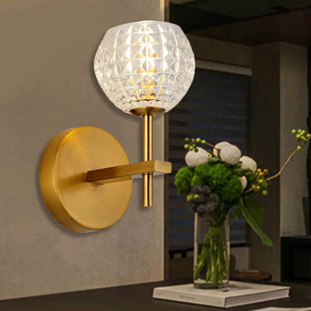 Modern Gold Orb Wall Sconce With Clear Grid Glass And Clean-Lined Arm For Hallway 1 /