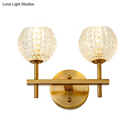 Modern Gold Orb Wall Sconce With Clear Grid Glass And Clean-Lined Arm For Hallway