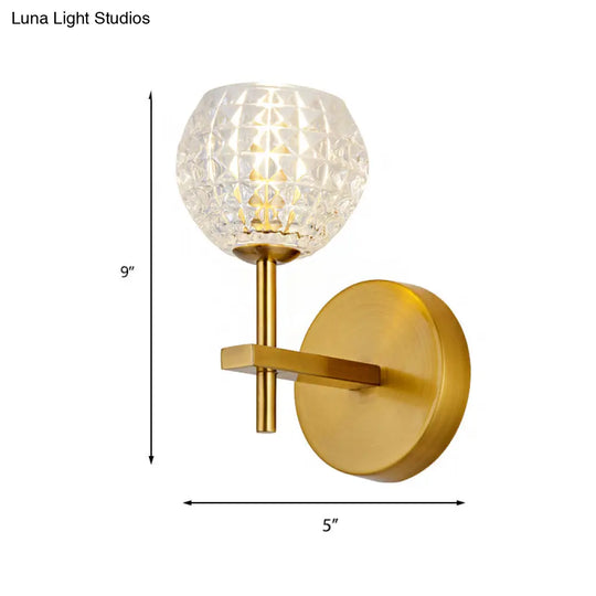 Modern Gold Orb Wall Sconce With Clear Grid Glass And Clean-Lined Arm For Hallway