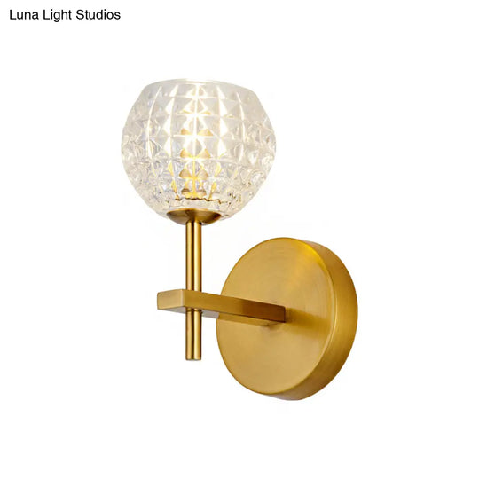 Modern Gold Orb Wall Sconce With Clear Grid Glass And Clean-Lined Arm For Hallway