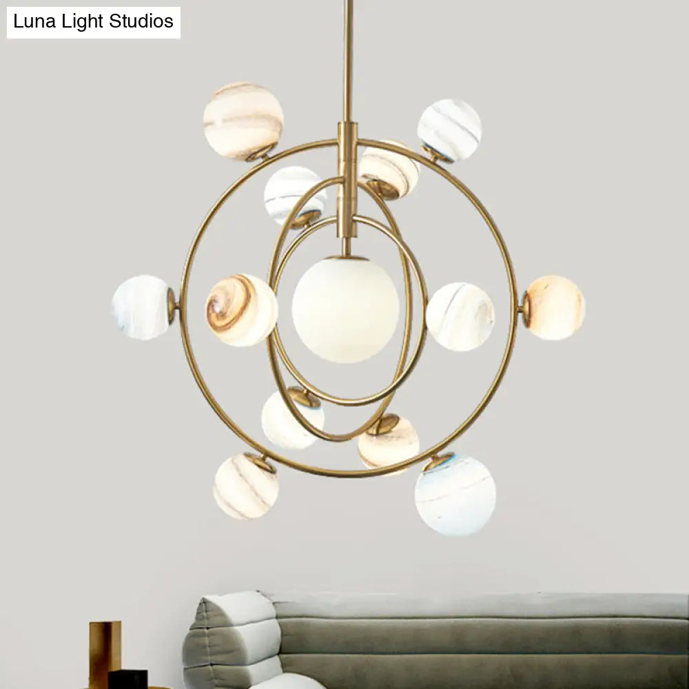 Modern Gold Orbit Chandelier Light Fixture - 13 Lights Metal Hanging Lamp With Glass Shade Kit