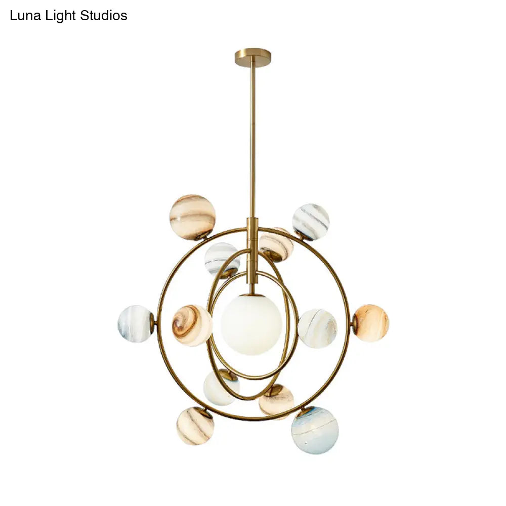Modern Gold Orbit Chandelier Light Fixture - 13 Lights Metal Hanging Lamp With Glass Shade Kit