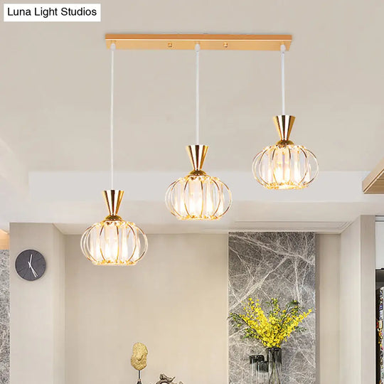 Modern Gold Oval Cage Suspension Light With Crystal Prisms - 3-Head Hanging Lamp