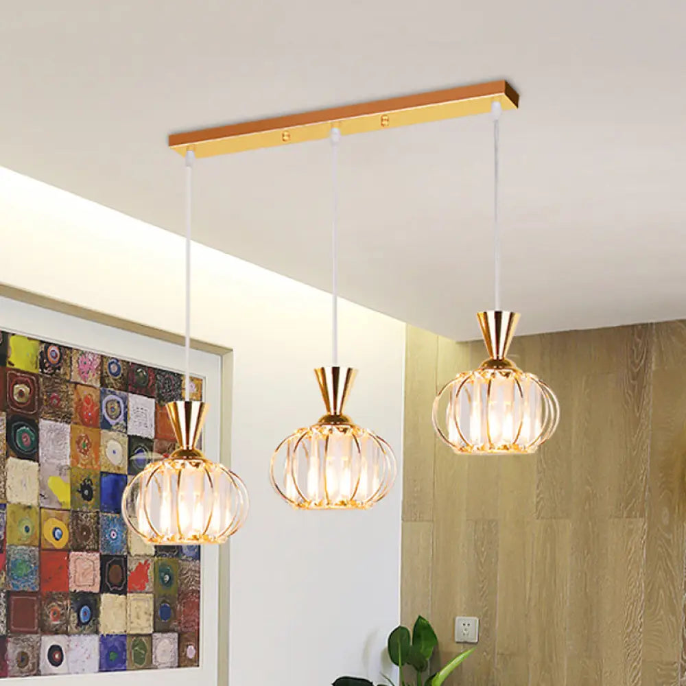 Modern Gold Oval Cage Suspension Light With Crystal Prisms - 3-Head Multi-Hanging Lamp
