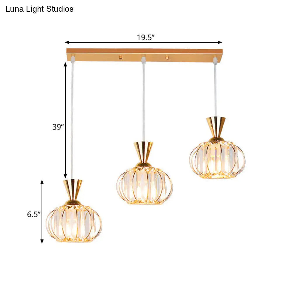 Modern Gold Oval Cage Suspension Light With Crystal Prisms - 3-Head Hanging Lamp