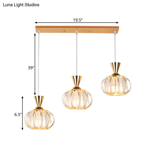 Modern Gold Oval Cage Suspension Light With Crystal Prisms - 3-Head Hanging Lamp