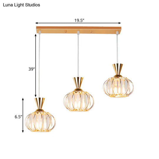 Modern Gold Oval Cage Suspension Light With Crystal Prisms - 3-Head Multi-Hanging Lamp