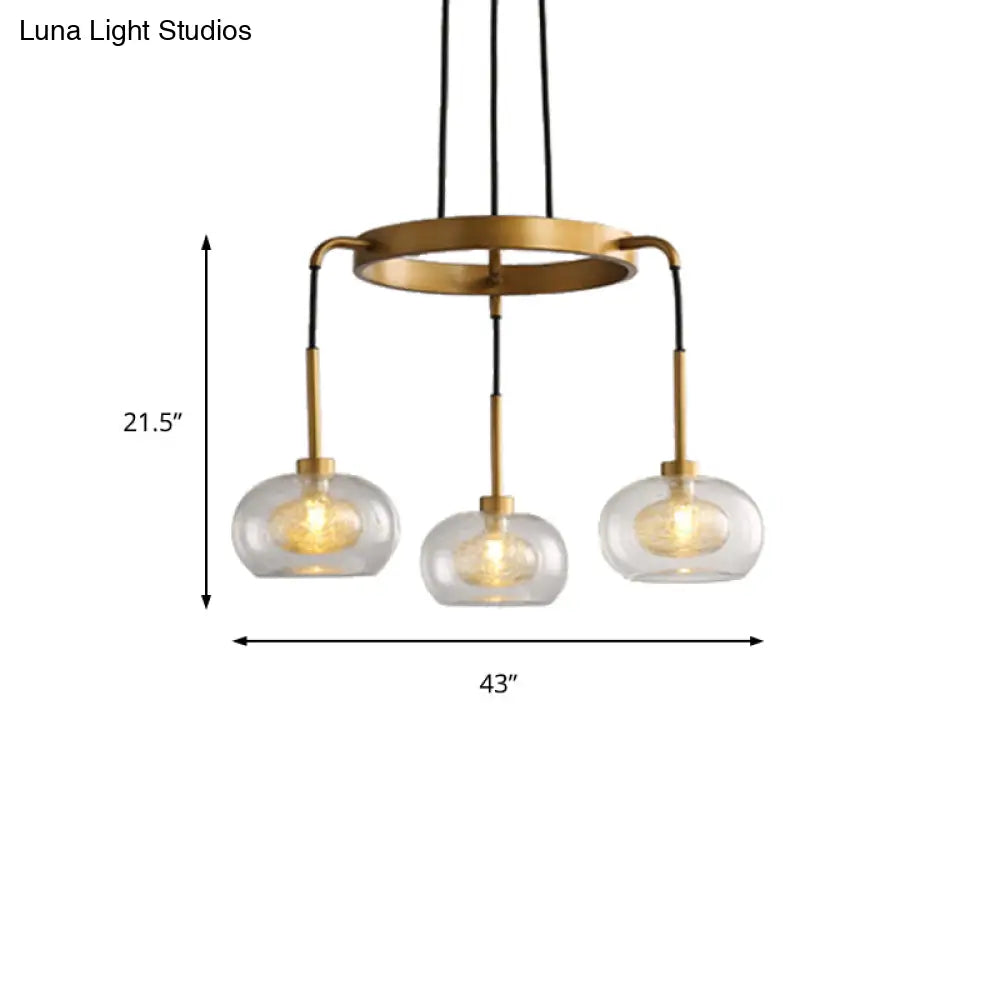 Modern Gold Oval Chandelier With 3 Lights Clear Glass And Led Pendant Fixture