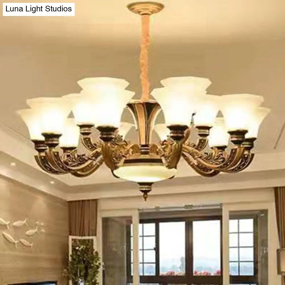 Gold Paneled Bell Chandelier With Opaline Frosted Glass Shade - Modern Pendant Lamp 15 /