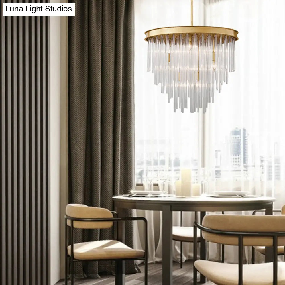 Modern Gold Pendant Chandelier Light With Tiered Clear Crystal Shade - 6/8 Bulb Restaurant Fixture