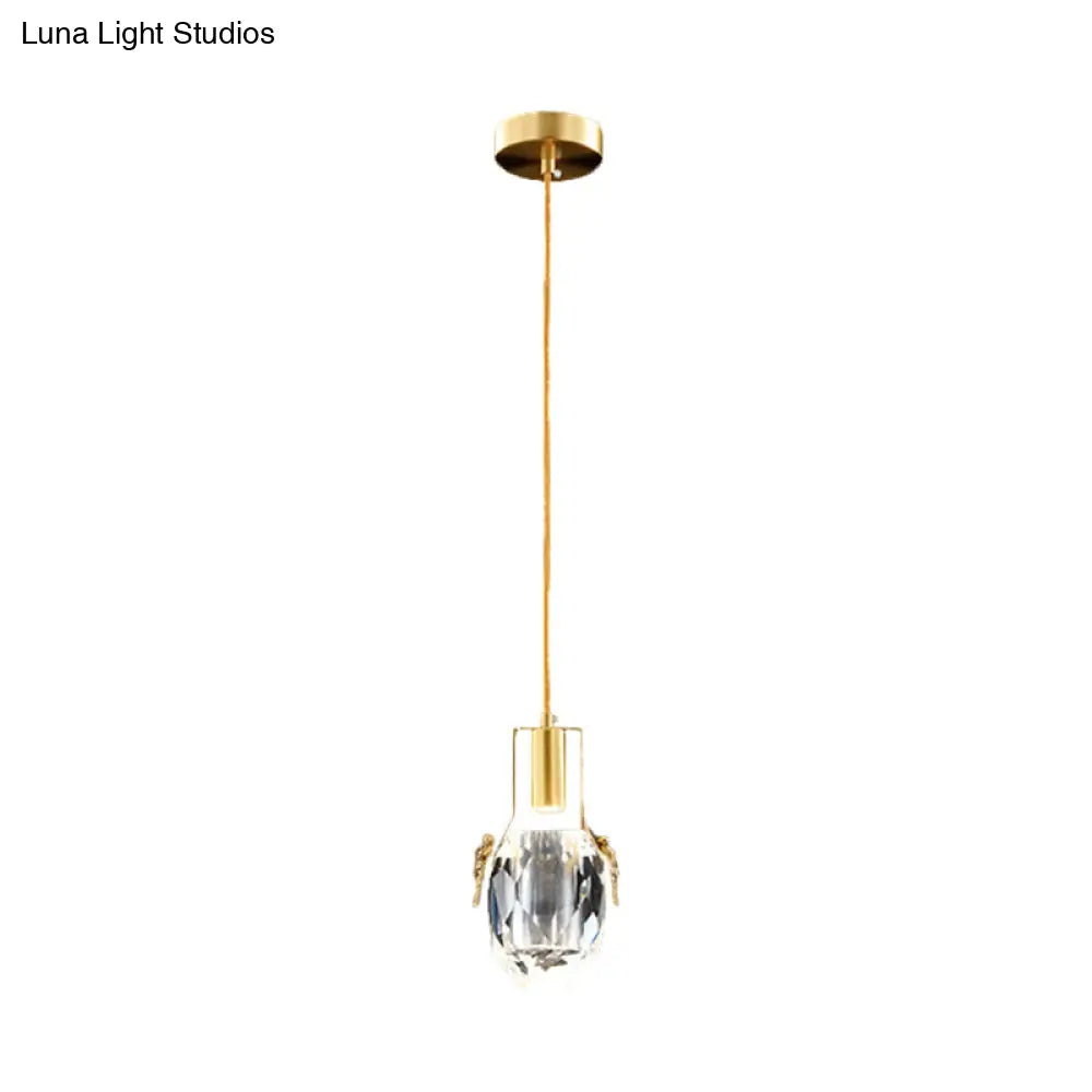 Modern Gold Pendant: Led Mini Suspension Lighting With Beveled Crystal Water Drop And Dragonfly