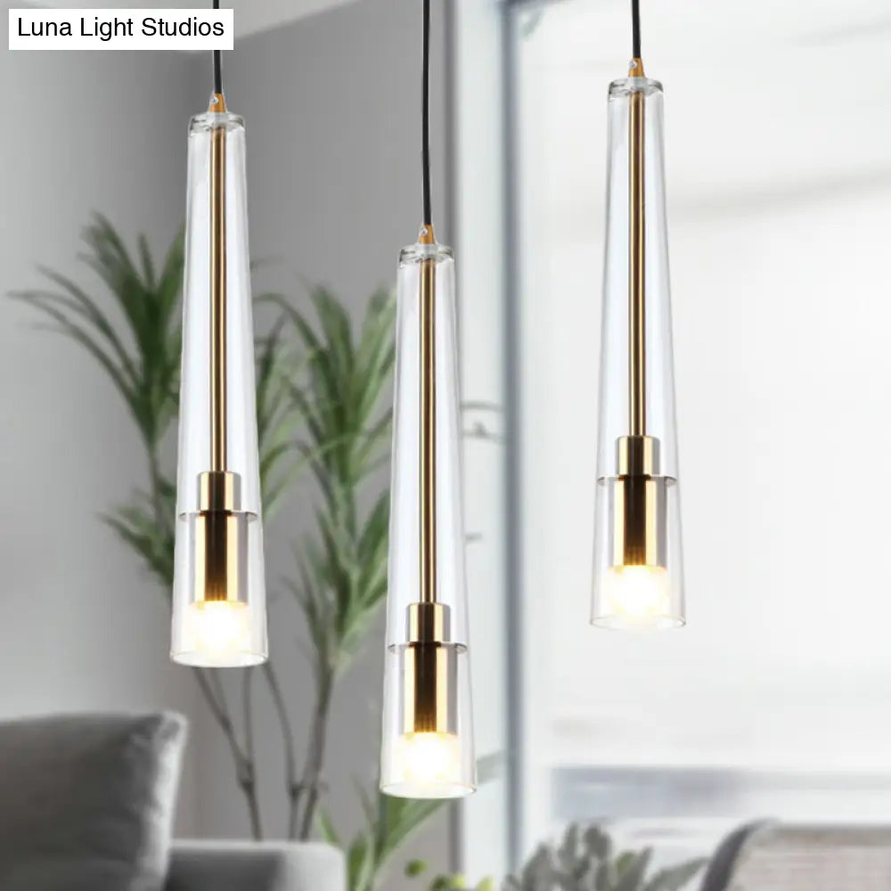 Modern Gold Pendant Light Fixture - Tubular Hanging Lamp Kit With Clear Glass Shade For Dining Room