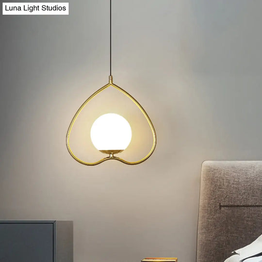 Modern Gold Pendant Light With Heart-Shaped Down Lighting Metal Frame And Opal Glass Shade