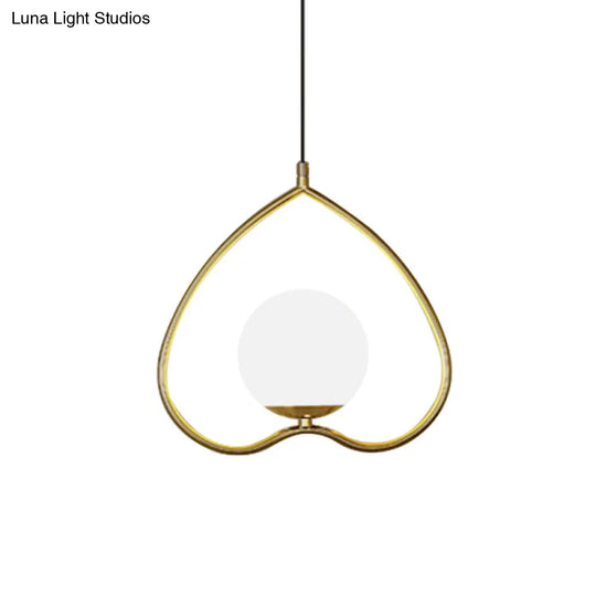 Modern Gold Pendant Light With Heart-Shaped Down Lighting Metal Frame And Opal Glass Shade