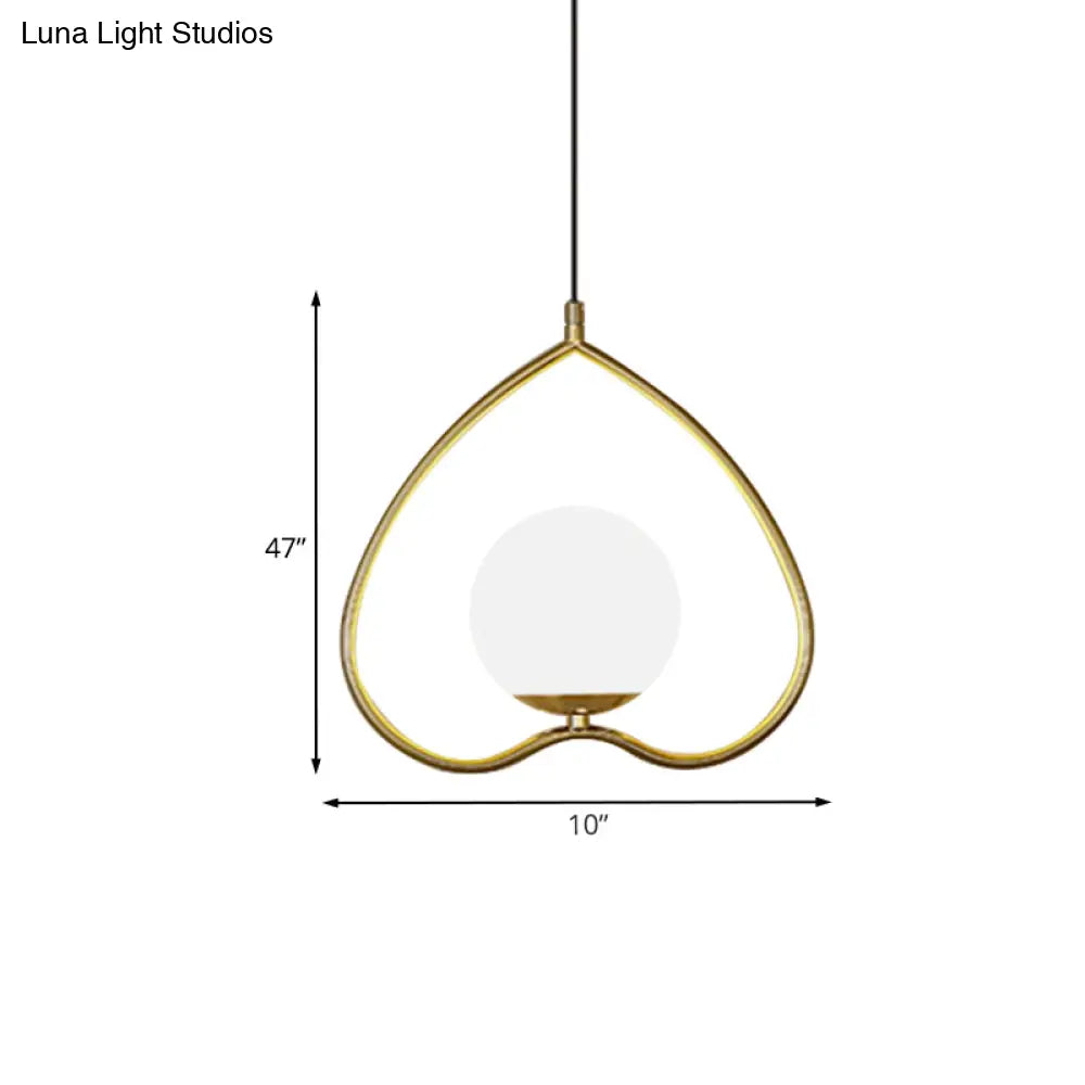 Modern Gold Pendant Light With Heart-Shaped Down Lighting Metal Frame And Opal Glass Shade