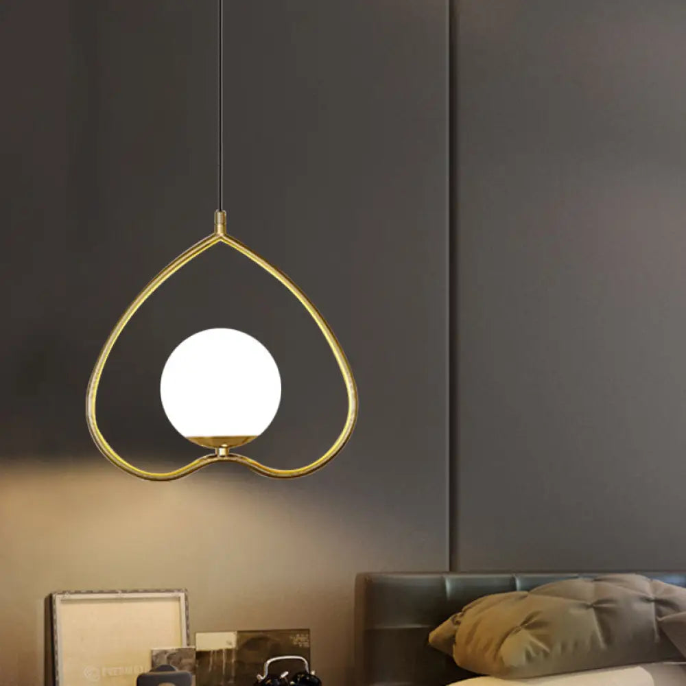 Modern Gold Pendant Light With Heart-Shaped Down Lighting Metal Frame And Opal Glass Shade