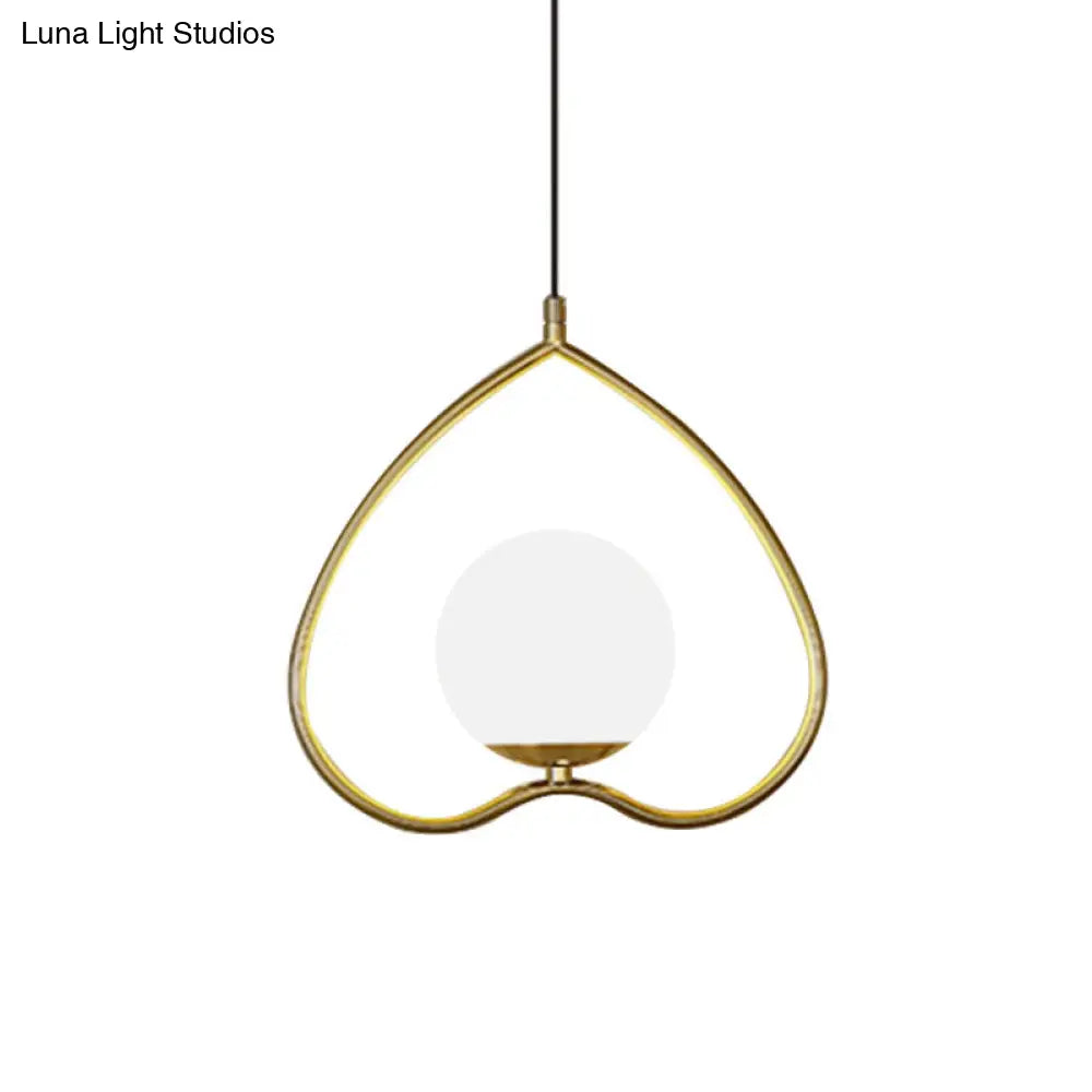Gold Single Pendulum Light With Heart-Shaped Down Lighting And Opal Glass Shade