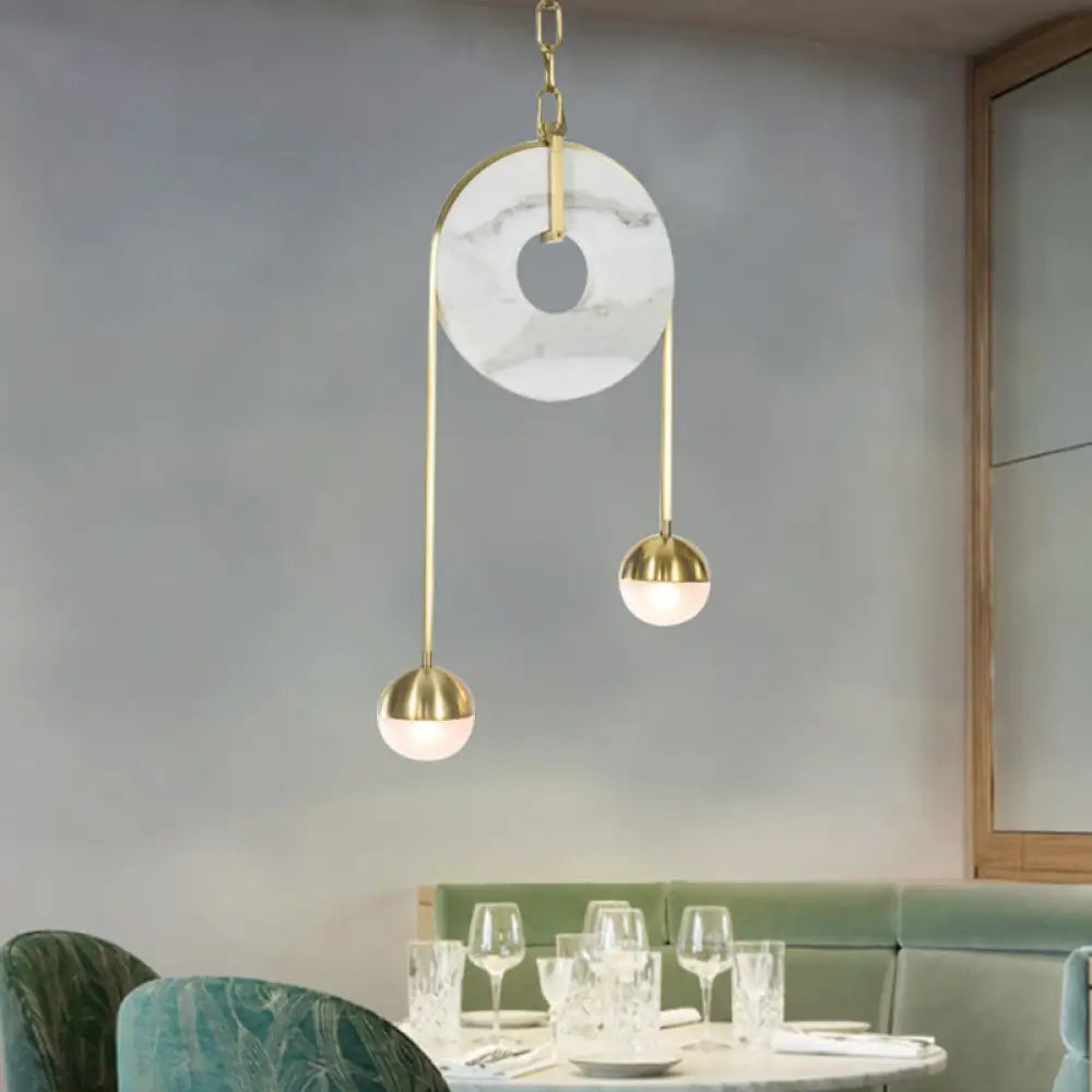 Modern Gold Pendant Light With White Glass Led Pull-Chain And 2 Lights