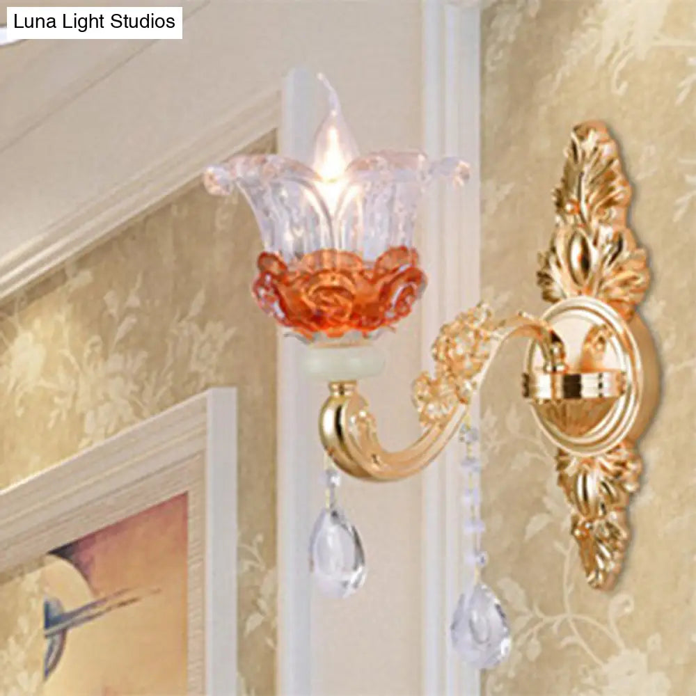 Modern Gold Suspension Pendant Light With Crystal Accent And Clear Textured Glass Petals 1 /