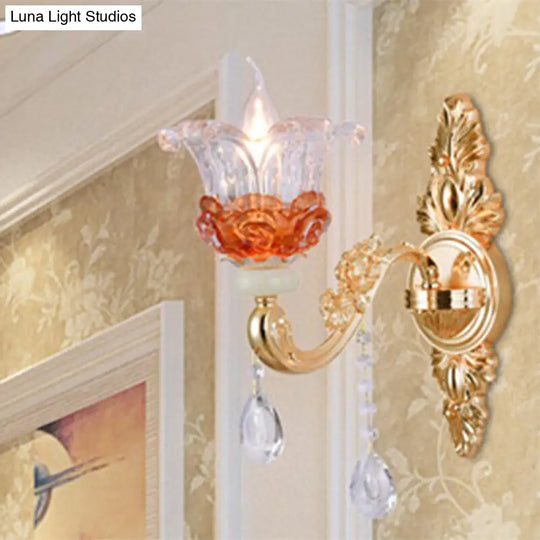 Modern Gold Suspension Pendant Light With Crystal Accent And Clear Textured Glass Petals 1 /