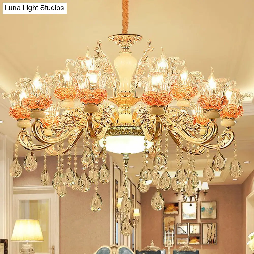 Modern Gold Petal Chandelier With Crystal Accent - Clear Textured Glass Pendant Light