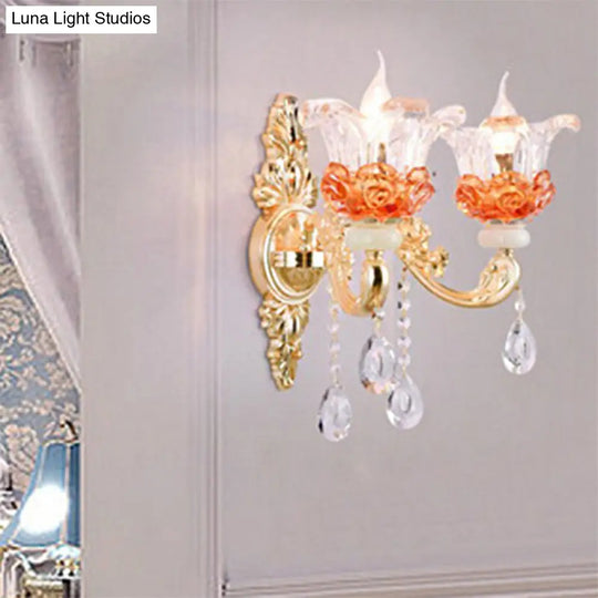 Modern Gold Suspension Pendant Light With Crystal Accent And Clear Textured Glass Petals 2 /