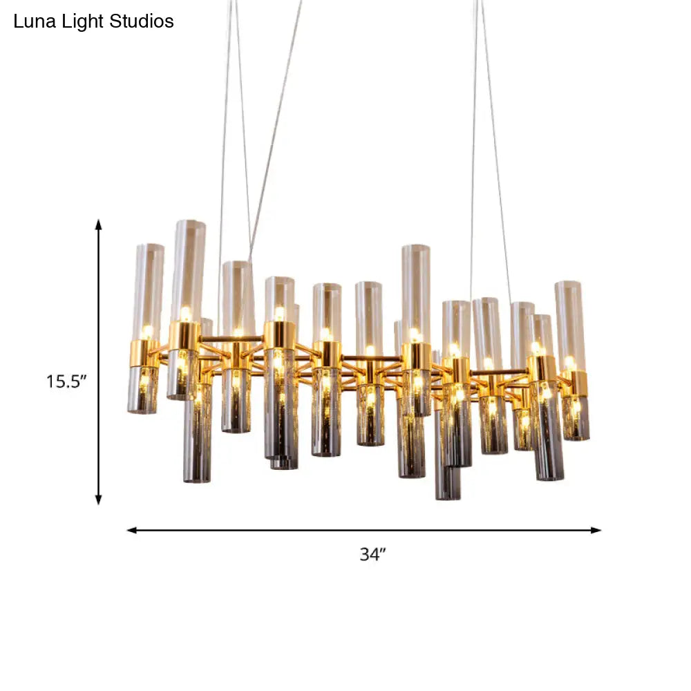 Modern Gold Pipe Chandelier With Smoke Glass Shades - 14/24/26 Lights Pendant For Bedroom