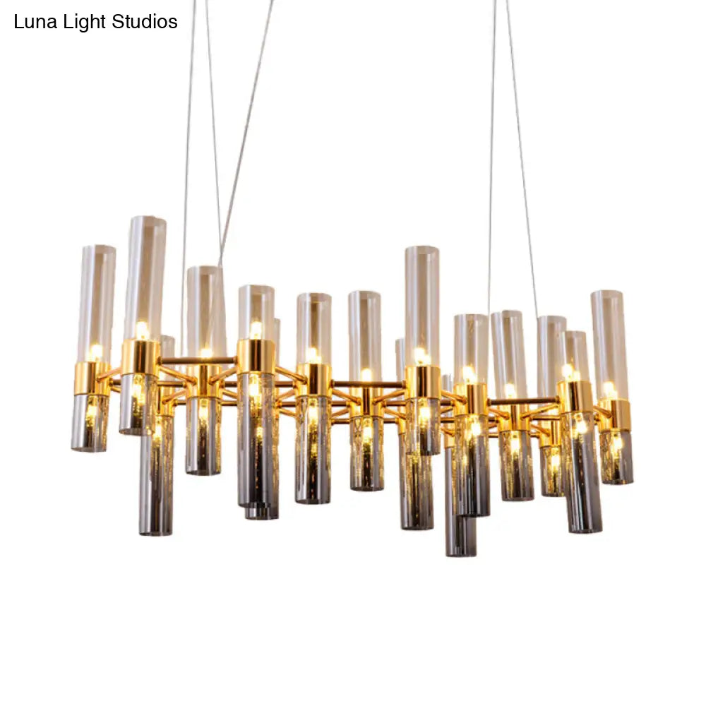 Modern Gold Pipe Chandelier With Smoke Glass Shades - 14/24/26 Lights Pendant For Bedroom