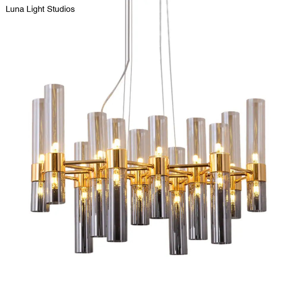 Modern Gold Pipe Chandelier With Smoke Glass Shades - 14/24/26 Lights Pendant For Bedroom