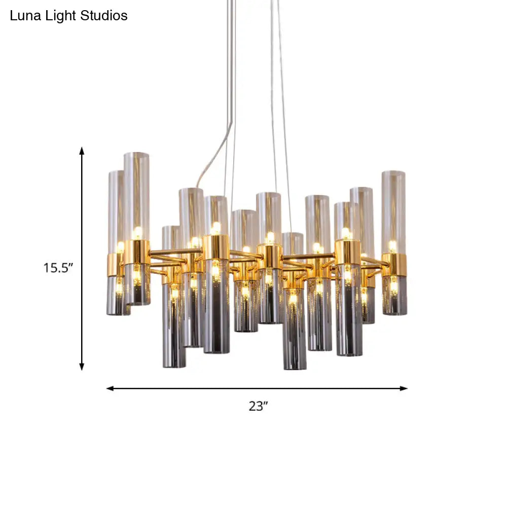 Modern Gold Pipe Chandelier With Smoke Glass Shades - 14/24/26 Lights Pendant For Bedroom