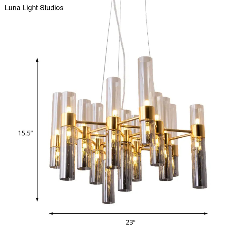 Modern Gold Pipe Chandelier With Smoke Glass Shades - 14/24/26 Lights Pendant For Bedroom