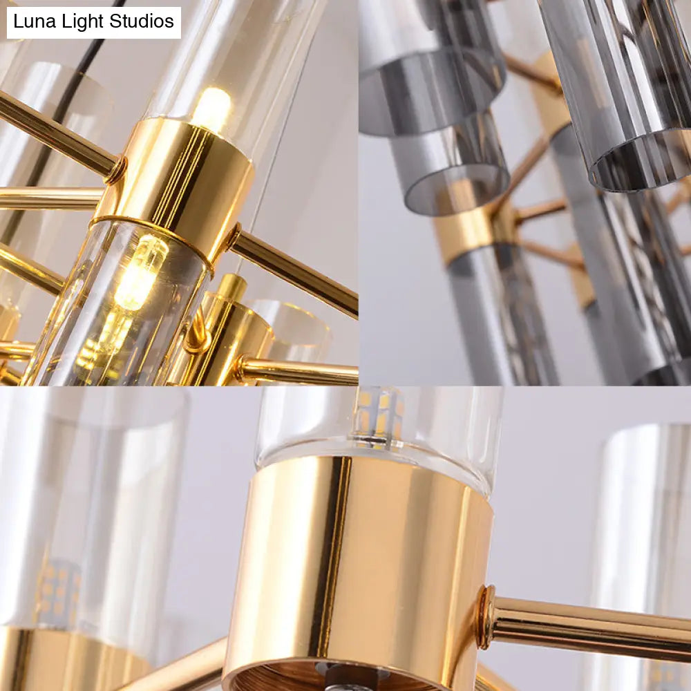 Modern Gold Pipe Chandelier With Smoke Glass Shades - 14/24/26 Lights Pendant For Bedroom