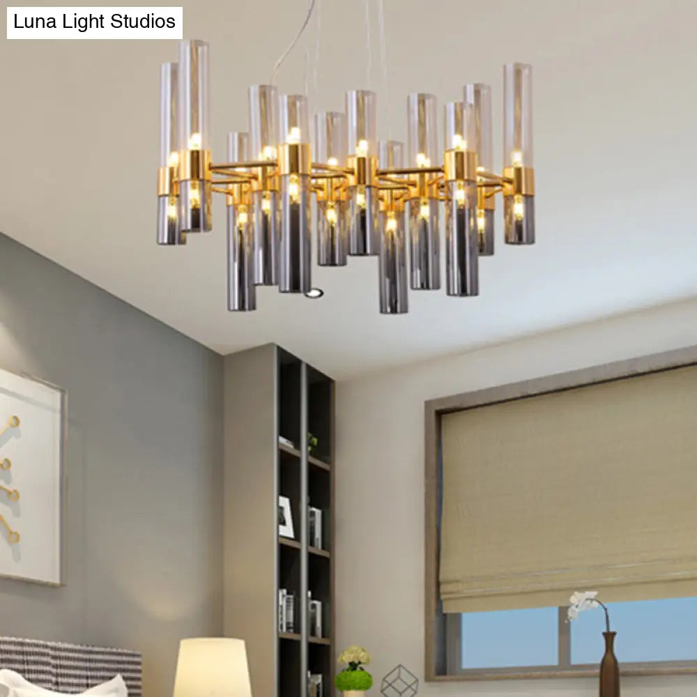 Modern Gold Pipe Chandelier With Smoke Glass Shades - 14/24/26 Lights Pendant For Bedroom