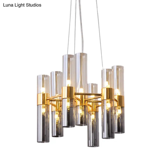 Modern Gold Pipe Chandelier With Smoke Glass Shades - 14/24/26 Lights Pendant For Bedroom