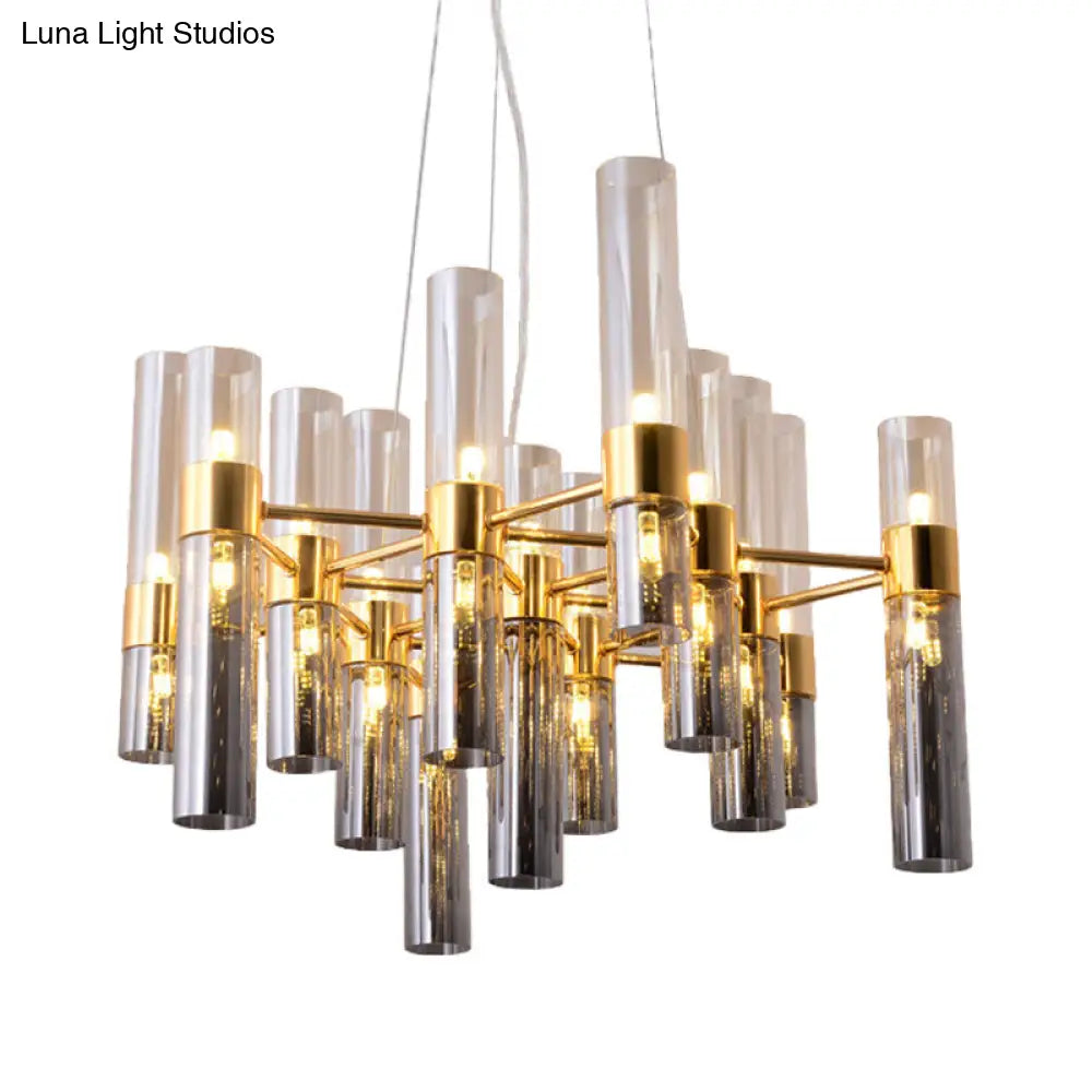 Modern Gold Pipe Chandelier With Smoke Glass Shades - 14/24/26 Lights Pendant For Bedroom