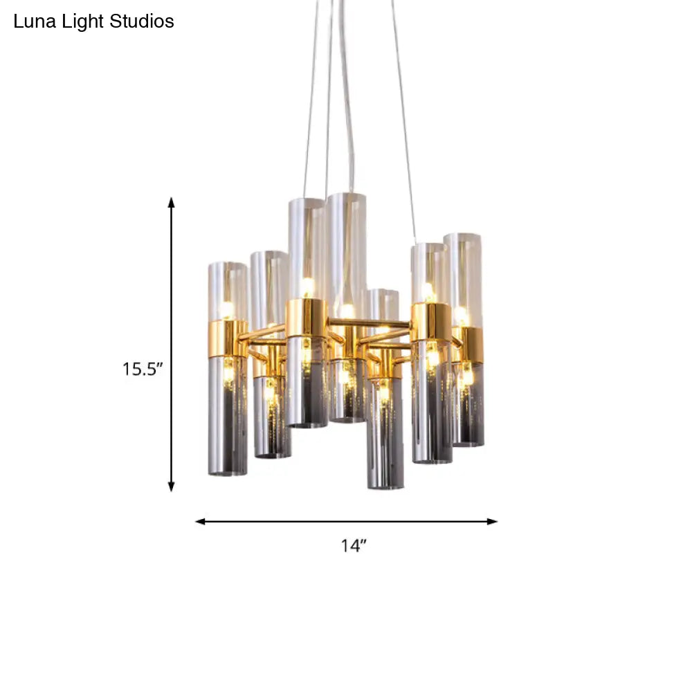 Modern Gold Pipe Chandelier With Smoke Glass Shades - 14/24/26 Lights Pendant For Bedroom