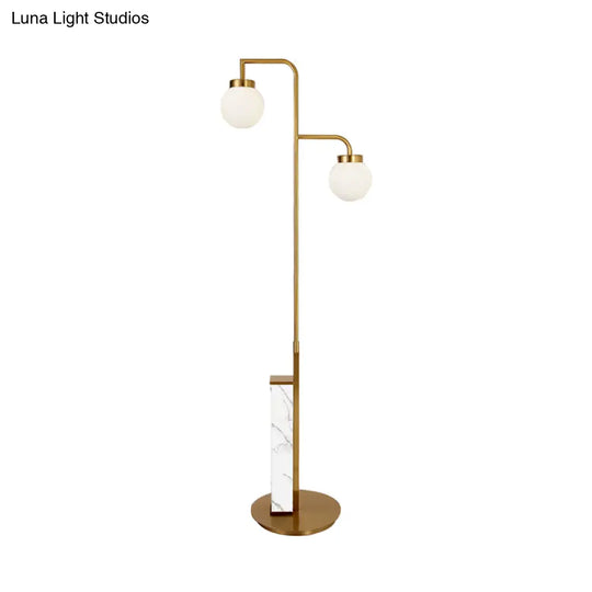 Modern Gold Post Ball Floor Lamp With Frosted Glass Shade - 2-Headed Living Room Tree Light