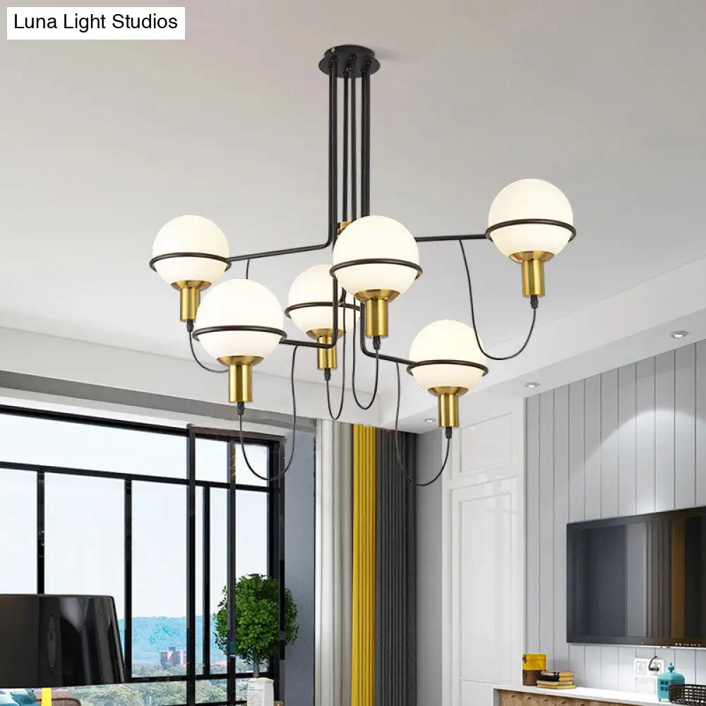 Modern Gold Radial Chandelier With White Glass Sphere Shade - Multi-Light Metal Hanging Lamp Fixture