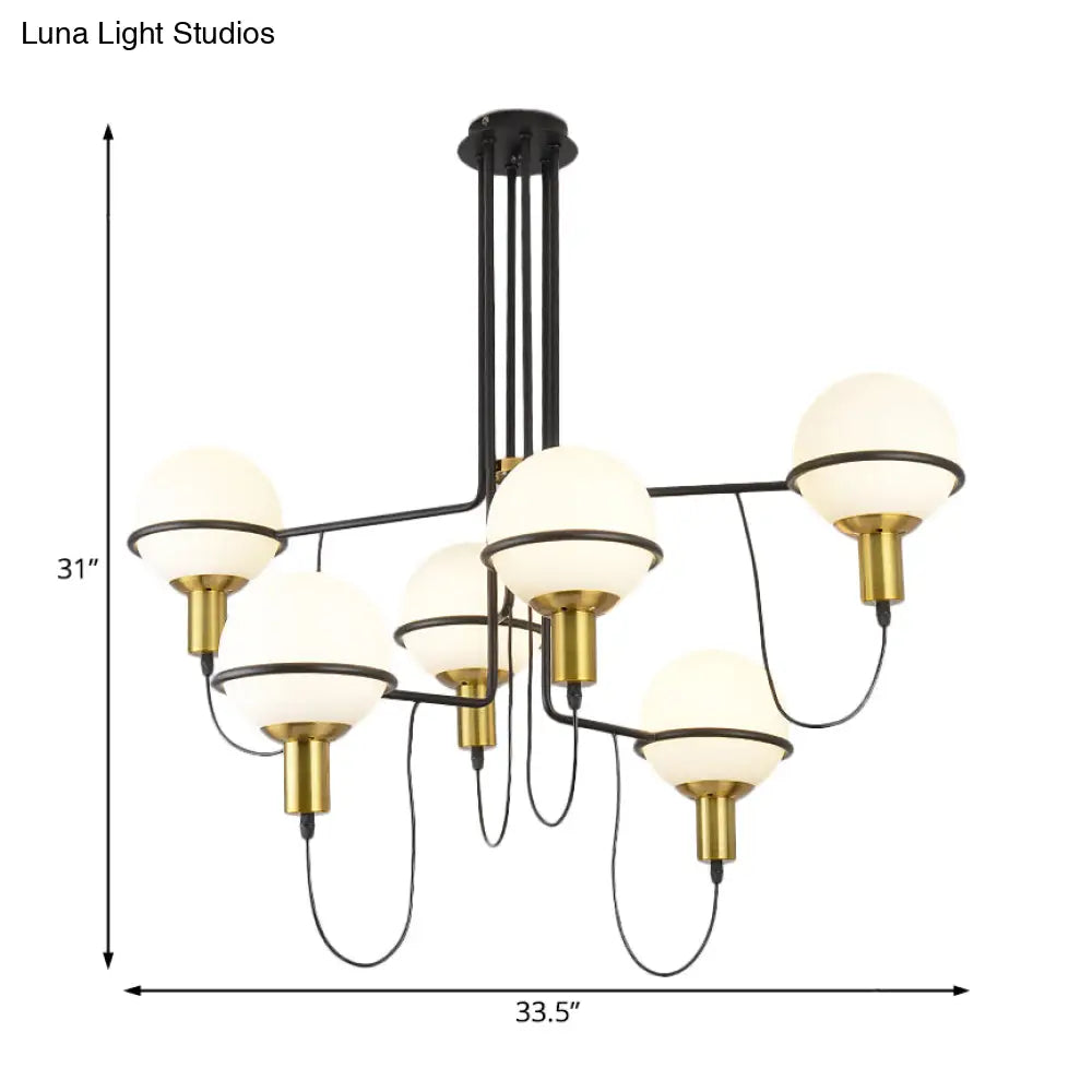 Modern Gold Radial Chandelier With White Glass Sphere Shade - Multi-Light Metal Hanging Lamp Fixture