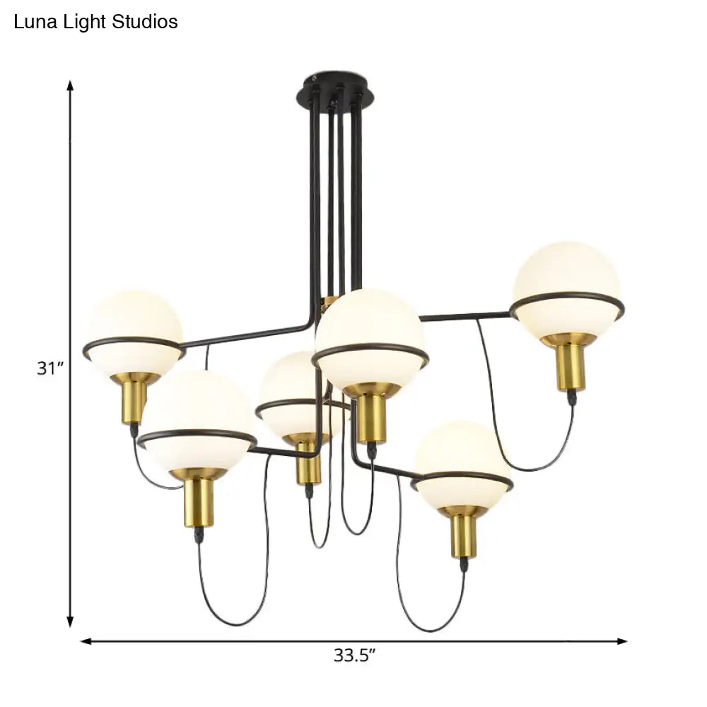 Modern Gold Radial Chandelier With White Glass Sphere Shades - Multi-Light Metal Hanging Lamp