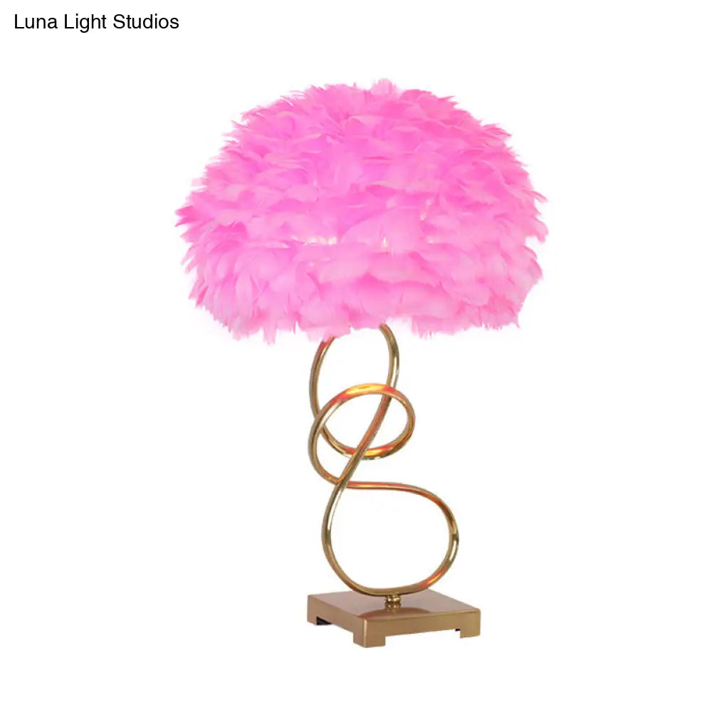 Modern Gold Reading Lamp: Spiral Metal Table Lighting With Pink Feather Fabric Shade