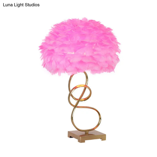 Modern Gold Reading Lamp: Spiral Metal Table Lighting With Pink Feather Fabric Shade