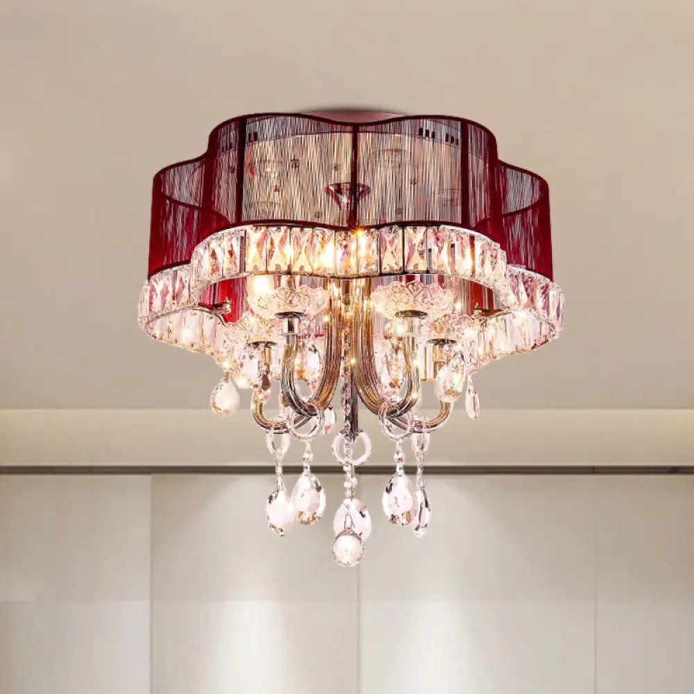 Modern Gold/Red Led Floral Bedroom Ceiling Light With Crystal Accent Red