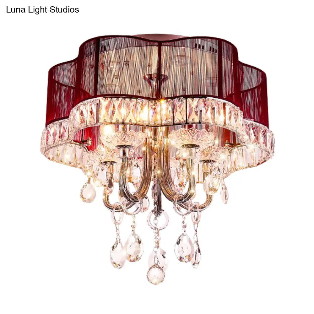 Modern Gold/Red Led Floral Bedroom Ceiling Light With Crystal Accent