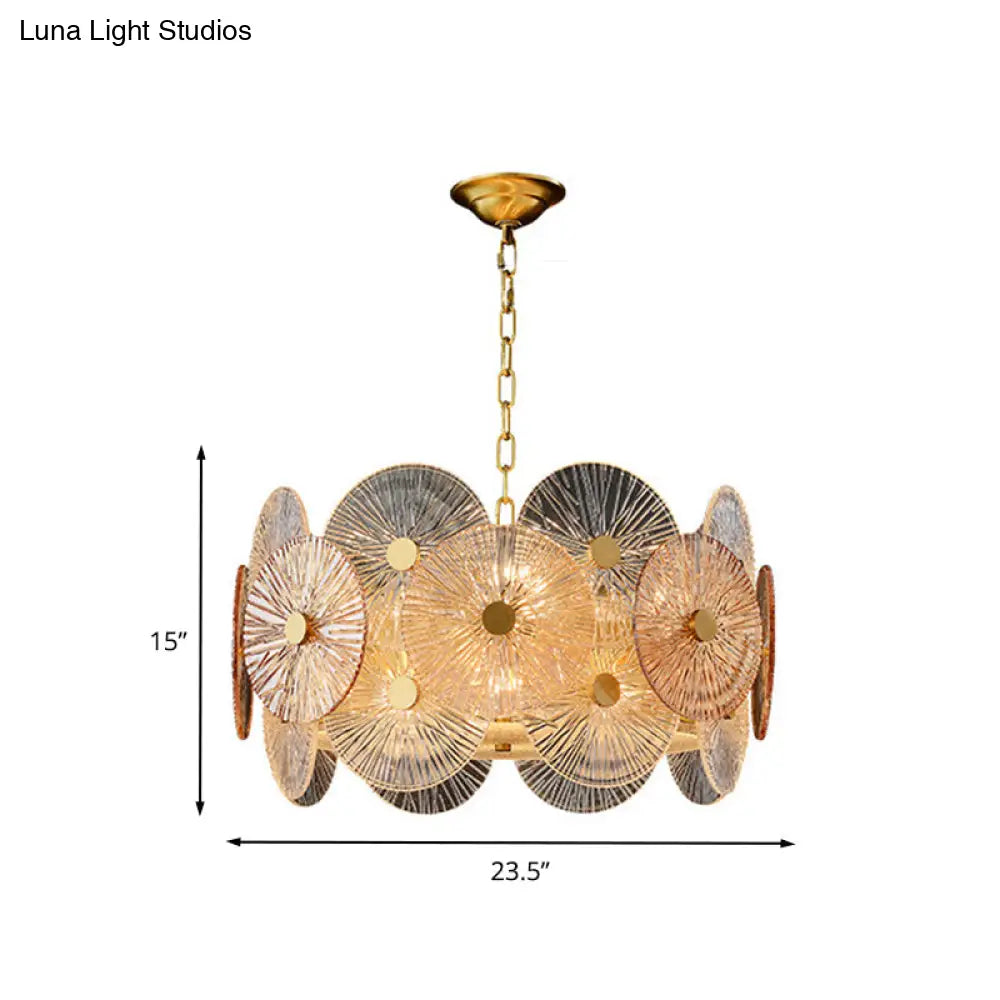 Modern Gold Ribbed Glass Chandelier With 8/12 Hanging Heads - Clear Panel Ceiling Pendant Lamp