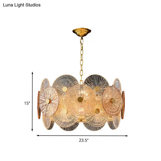 Modern Gold Ribbed Glass Chandelier With 8/12 Hanging Heads - Clear Panel Ceiling Pendant Lamp