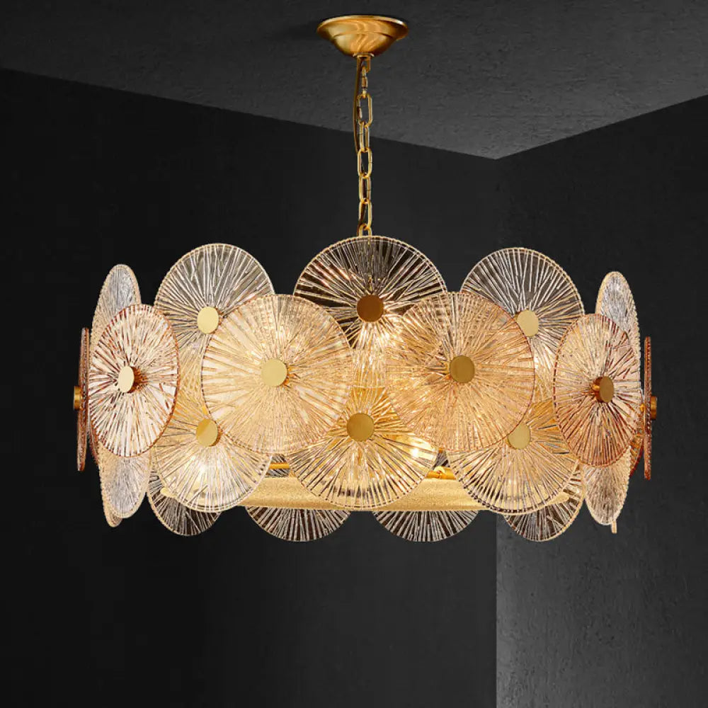 Modern Gold Ribbed Glass Chandelier With 8/12 Hanging Heads - Clear Panel Ceiling Pendant Lamp 12 /