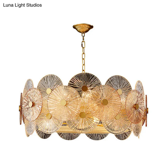 Modern Gold Ribbed Glass Chandelier With 8/12 Hanging Heads - Clear Panel Ceiling Pendant Lamp