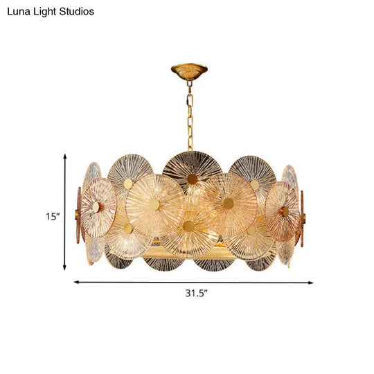 Modern Gold Ribbed Glass Chandelier With 8/12 Hanging Heads - Clear Panel Ceiling Pendant Lamp