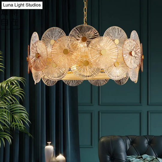 Modern Gold Ribbed Glass Chandelier With 8/12 Hanging Heads - Clear Panel Ceiling Pendant Lamp